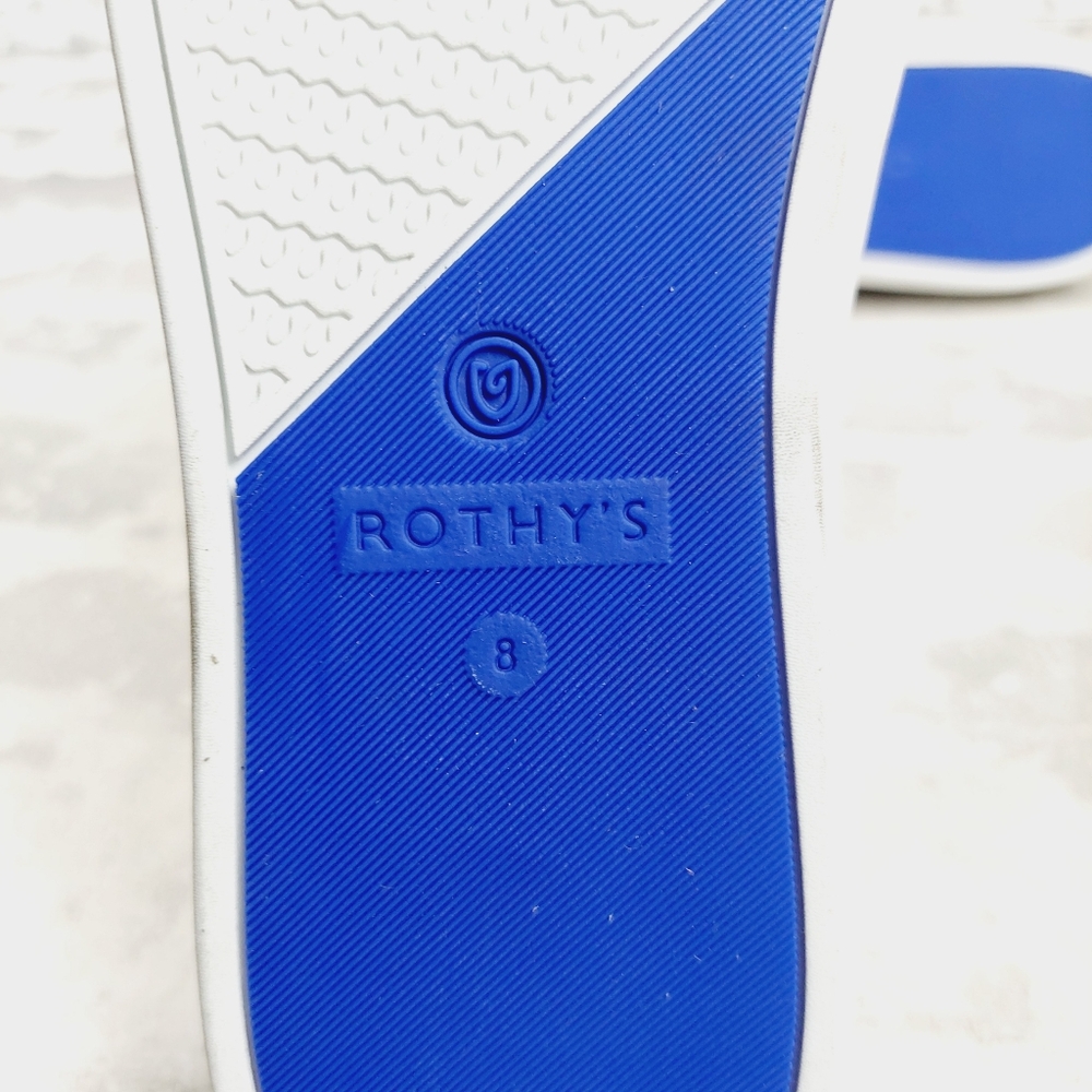 Rothy's Gray Patterned Slip-On Sneakers with Tan Collar and Blue Trim - Picture 7 of 9